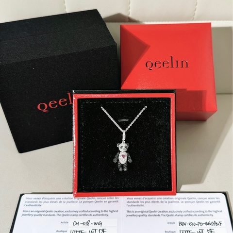 Qeelin麒麟 BoBo熊貓項鍊套裝，18k白金鑲嵌鑽石 紅寶石 黑鑽石