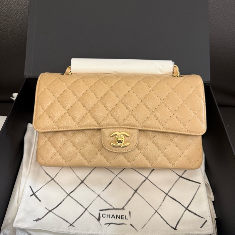 999新 chanel香奈兒 奶茶色金扣荔枝紋牛皮CF中號口蓋包單肩斜挎包 22 年芯片-0