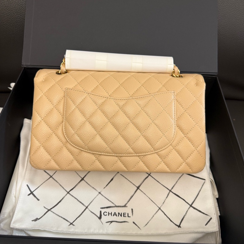 999新 chanel香奈兒 奶茶色金扣荔枝紋牛皮CF中號口蓋包單肩斜挎包 22 年芯片-1