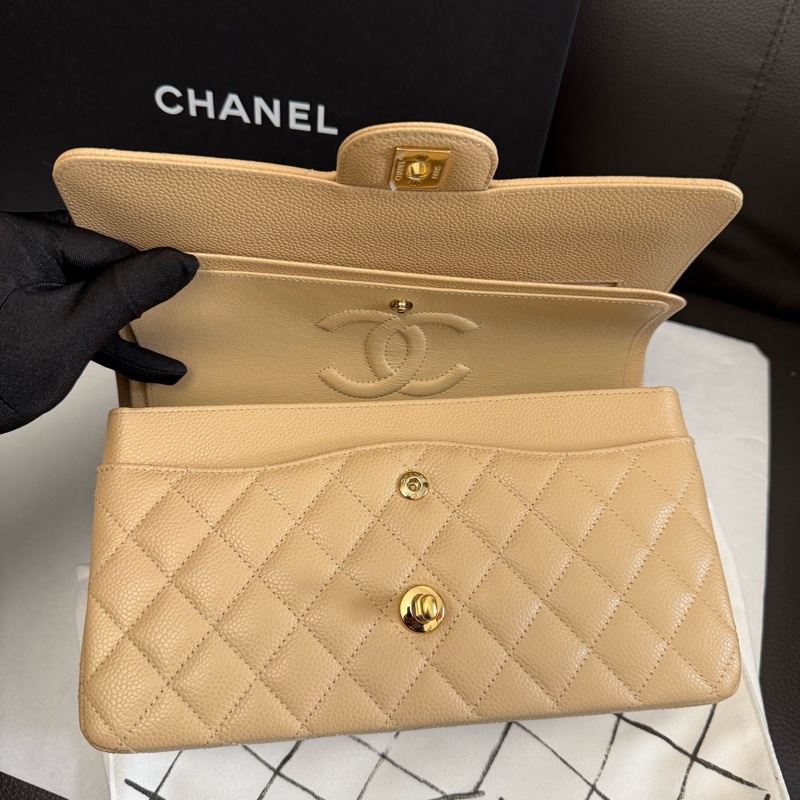 999新 chanel香奈兒 奶茶色金扣荔枝紋牛皮CF中號口蓋包單肩斜挎包 22 年芯片-8