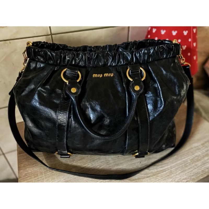 Miumiu黑色油蠟兩用包 斜背包 手提包-6