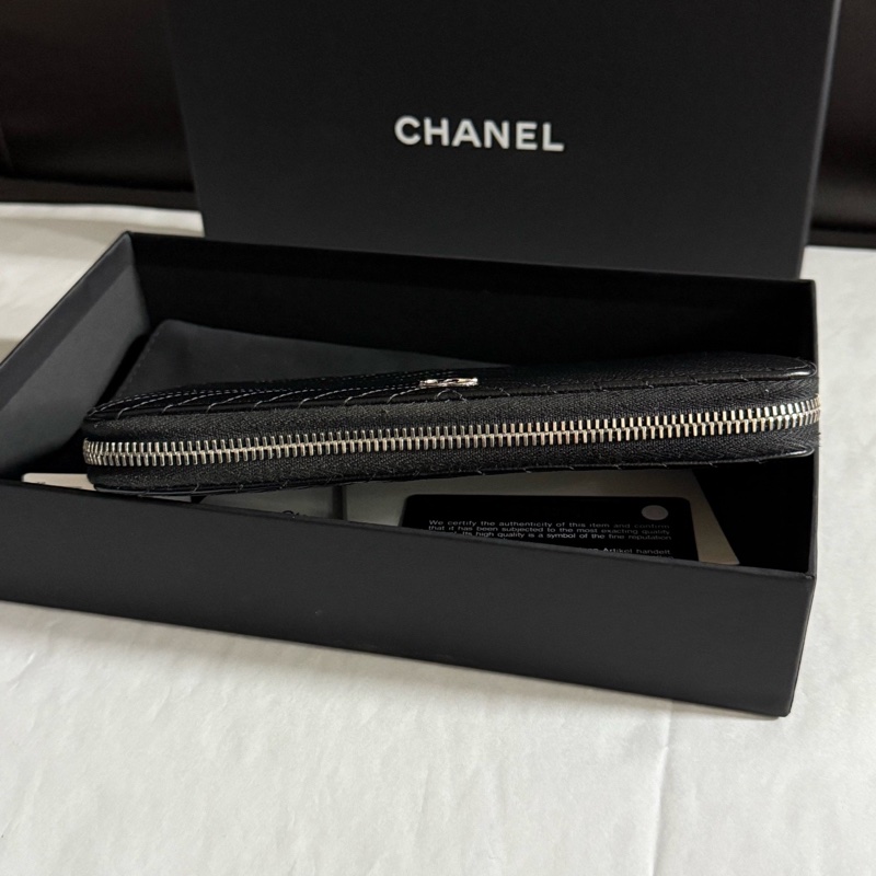 CHANEL 香奈兒黑色荔枝紋牛皮銀扣V紋長款錢包錢夾拉鍊款22開-4