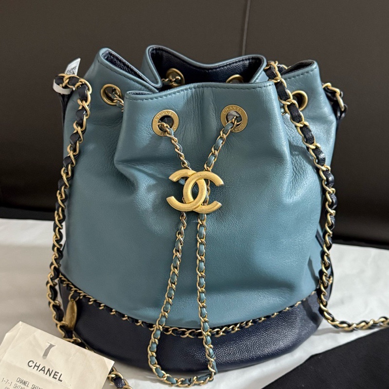 Chanel香奈兒藍色拼色抽繩水桶包單肩斜挎包 27開有卡 有票 塵袋-1