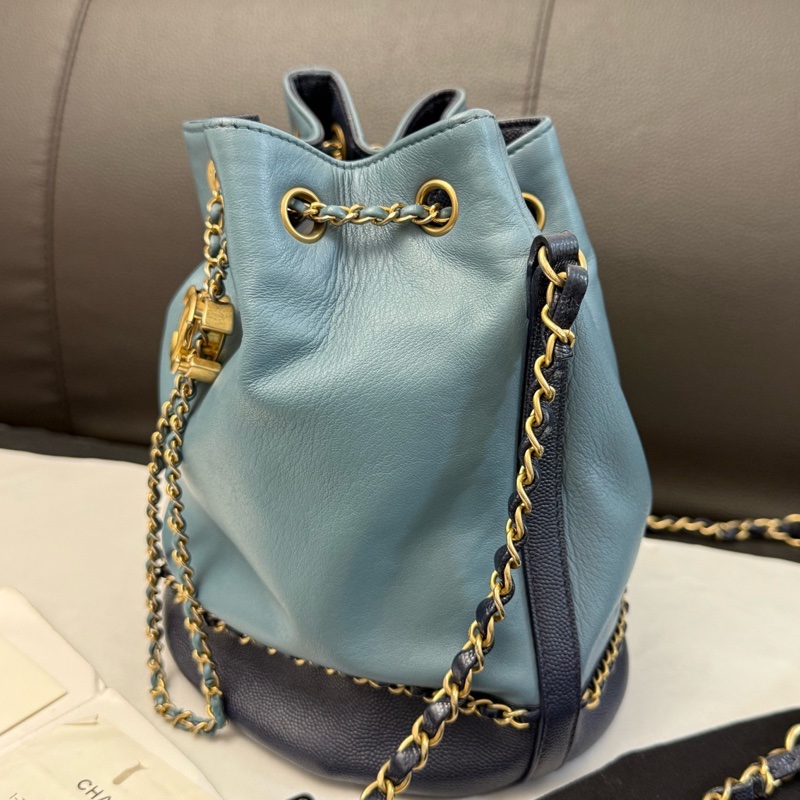 Chanel香奈兒藍色拼色抽繩水桶包單肩斜挎包 27開有卡 有票 塵袋-3