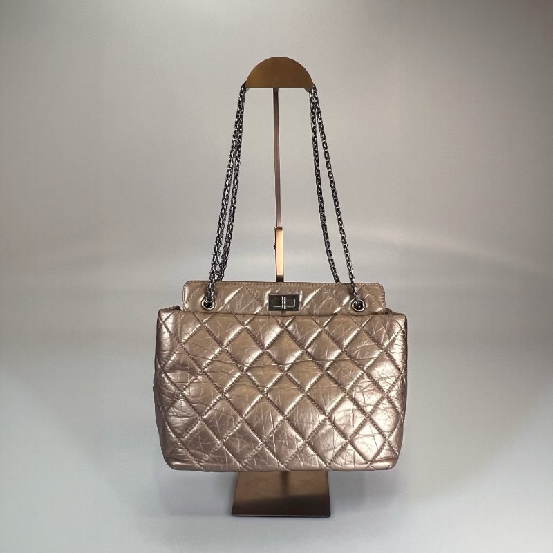 CHANEL 2.55菱格紋銀鍊包 油蠟香檳金 保卡款/17開-0
