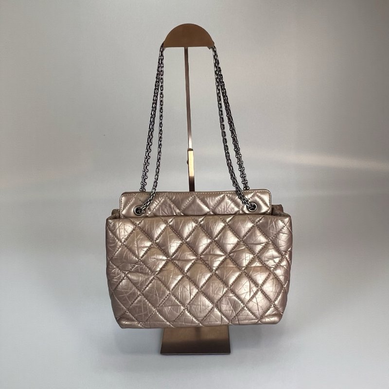 CHANEL 2.55菱格紋銀鍊包 油蠟香檳金 保卡款/17開-1
