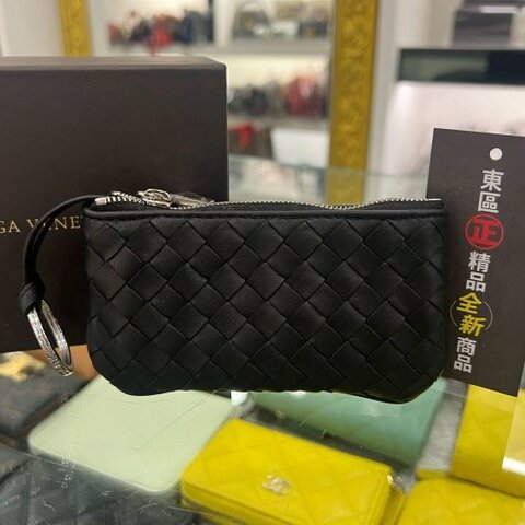 東區正精品㊣ BOTTEGA VENETA BV 131232 全新黑色全皮編織卡片夾零錢包鑰匙圈包 RZ5864