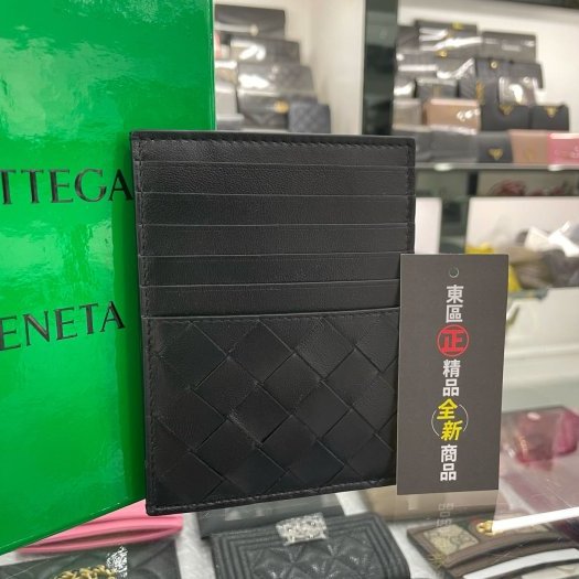 東區正精品㊣BOTTEGA VENETA BV 635043全新黑色全皮大格編織扁式拉鍊零錢包卡片夾名片夾RA1288-0