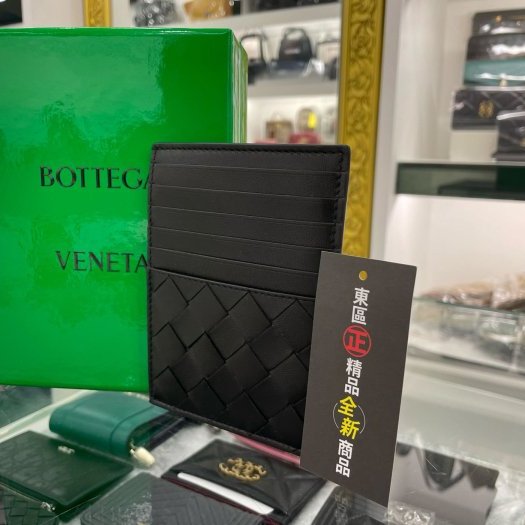 東區正精品㊣BOTTEGA VENETA BV 635043全新黑色全皮大格編織扁式拉鍊零錢包卡片夾名片夾RA1288-1