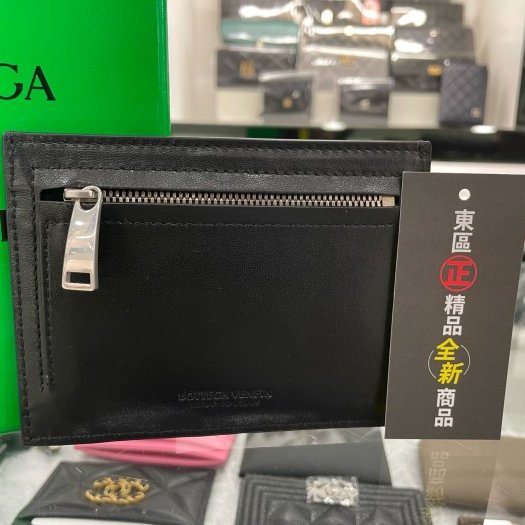 東區正精品㊣BOTTEGA VENETA BV 635043全新黑色全皮大格編織扁式拉鍊零錢包卡片夾名片夾RA1288-4
