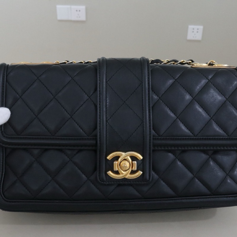CHANEL 香奈兒 Elegent CF單肩斜挎女包,黑色小牛皮金鍊,序號20 尺寸30*17*9-7