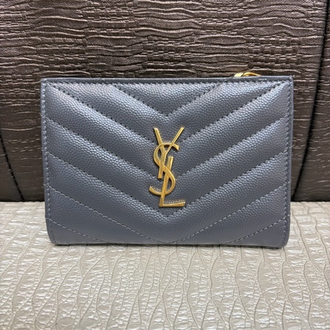 YSL 灰魚子醬牛皮金釦8卡對釦短夾
