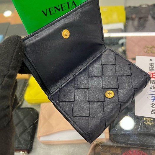 東區正精品㊣BOTTEGA VENETA BV 深藍色全皮編織拉鍊釦子三折迷你短夾 RZ5453-1