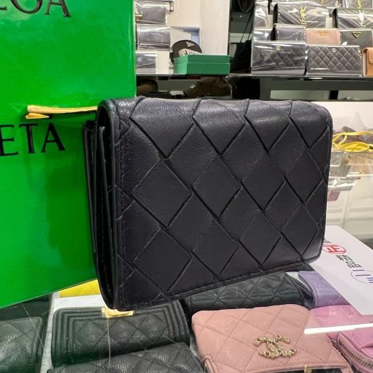 東區正精品㊣BOTTEGA VENETA BV 深藍色全皮編織拉鍊釦子三折迷你短夾 RZ5453-4