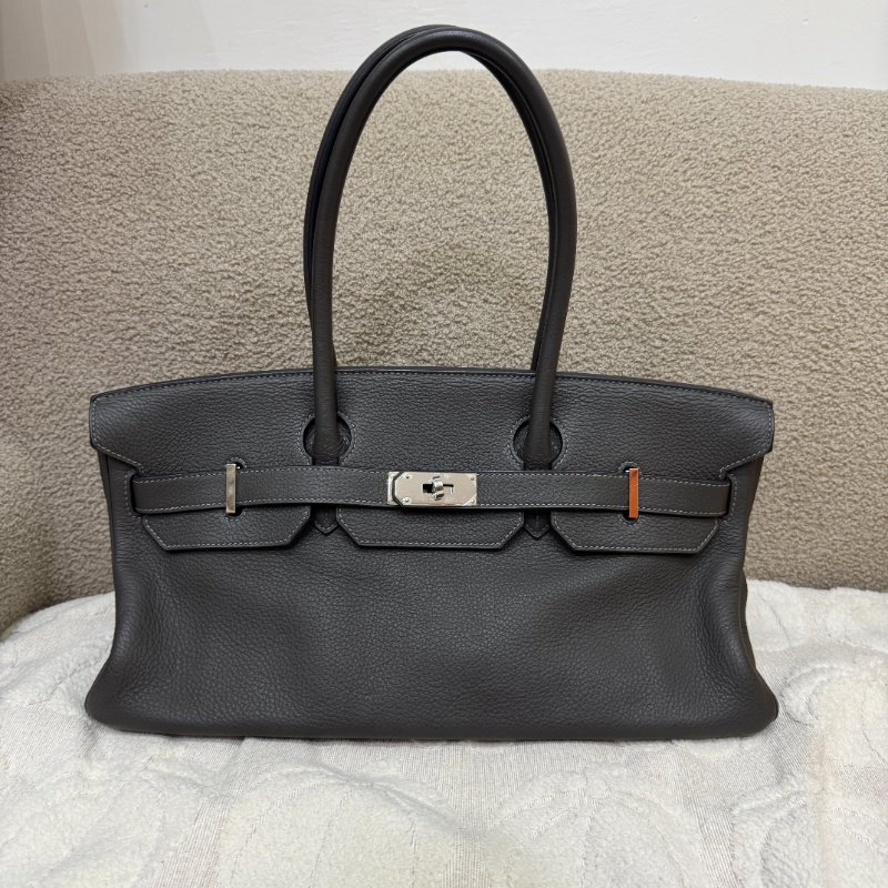 中古 Hermes 愛馬仕 Shoulder Birkin 42 Gris Graphite 石墨灰 銀色五金 印記 Stamp Square M 肩背包-0