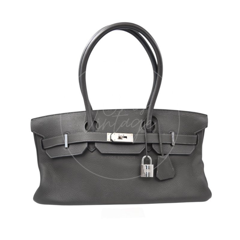中古 Hermes 愛馬仕 Shoulder Birkin 42 Gris Graphite 石墨灰 銀色五金 印記 Stamp Square M 肩背包-1