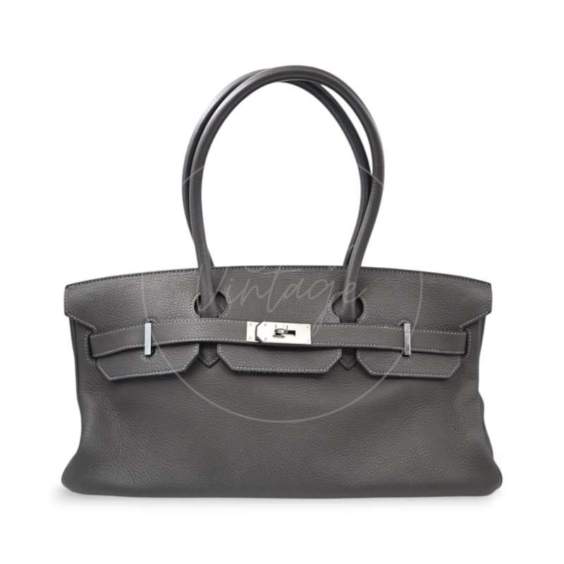 中古 Hermes 愛馬仕 Shoulder Birkin 42 Gris Graphite 石墨灰 銀色五金 印記 Stamp Square M 肩背包-7