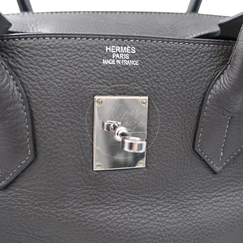 中古 Hermes 愛馬仕 Shoulder Birkin 42 Gris Graphite 石墨灰 銀色五金 印記 Stamp Square M 肩背包-21