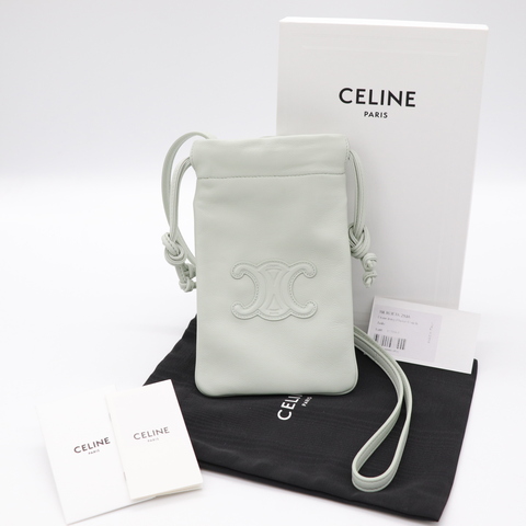 CELINE青綠色抽繩手機袋 Cuir Triomphe 斜背包 小包
