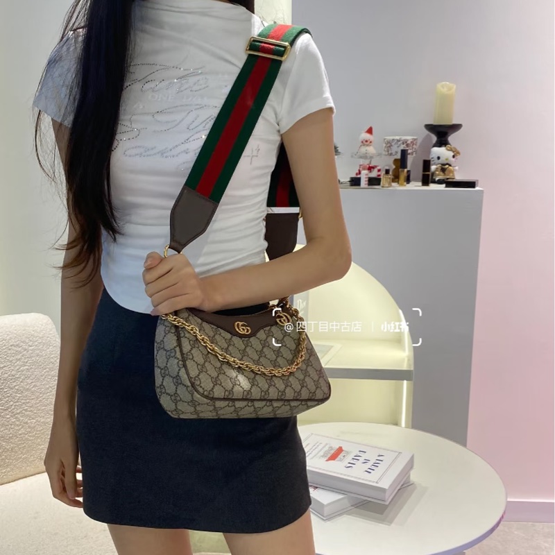 古馳GUCCI棕色拼牛皮Ophidia小號紅綠織帶2用斜背鏈帶包7351-6