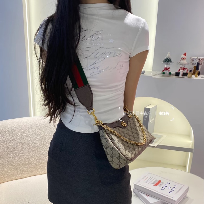 古馳GUCCI棕色拼牛皮Ophidia小號紅綠織帶2用斜背鏈帶包7351-8