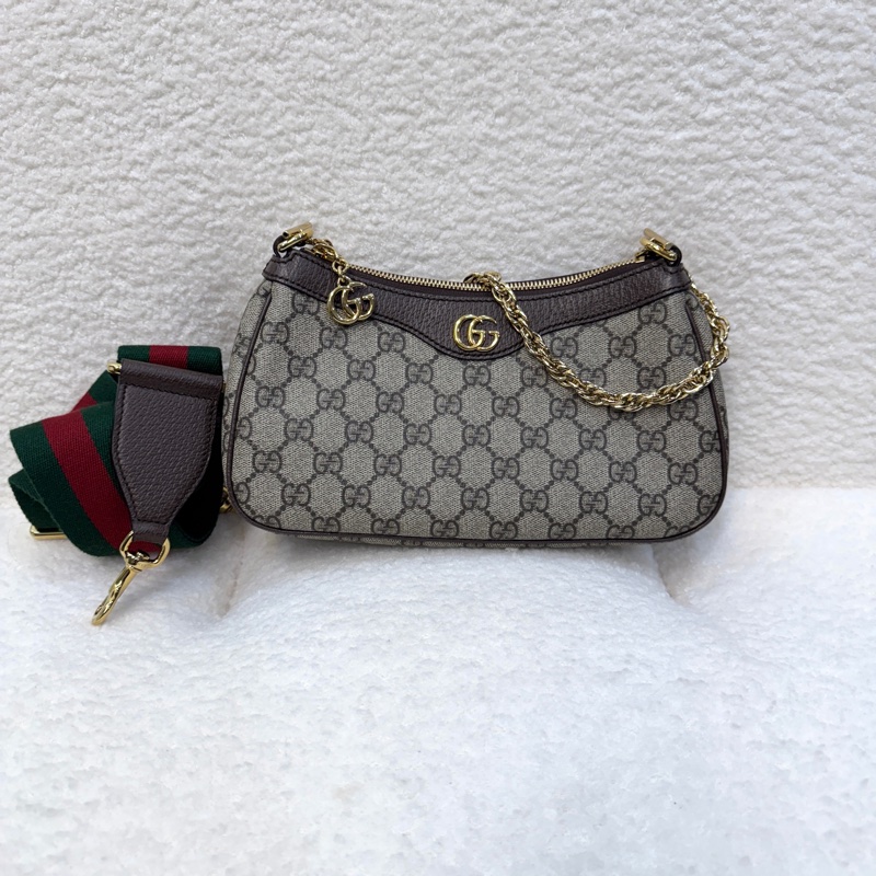 古馳GUCCI棕色拼牛皮Ophidia小號紅綠織帶2用斜背鏈帶包7351-10