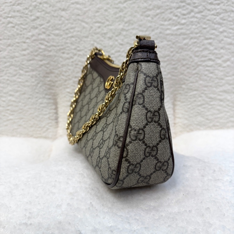 古馳GUCCI棕色拼牛皮Ophidia小號紅綠織帶2用斜背鏈帶包7351-12