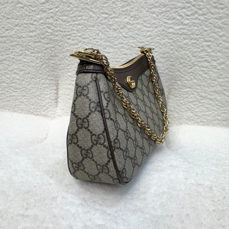 古馳GUCCI棕色拼牛皮Ophidia小號紅綠織帶2用斜背鏈帶包7351-13