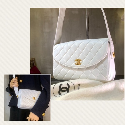 香奈兒24k金CC扣白色單肩/斜孭袋 Chanel Vintage Lambskin Gold Diamond Quilted With 24k Gold-Plate CC Turn Lock Shoulder Bag With Single Strap In White