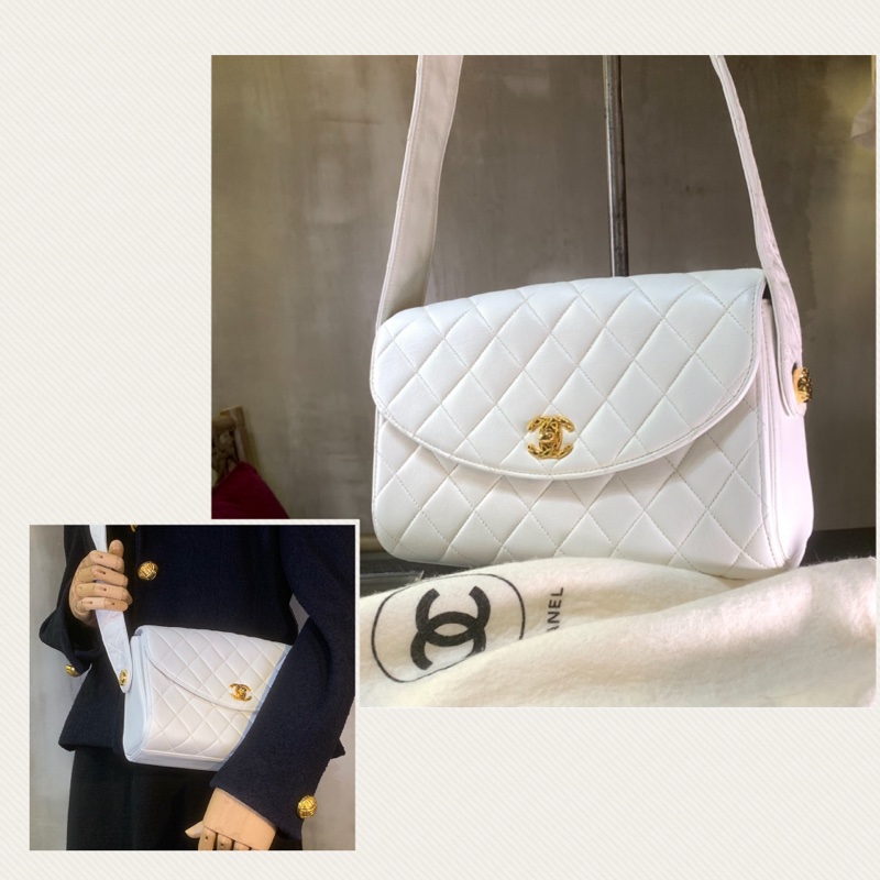 香奈兒24k金CC扣白色單肩/斜孭袋 Chanel Vintage Lambskin Gold Diamond Quilted With 24k Gold-Plate CC Turn Lock Shoulder Bag With Single Strap In White-0