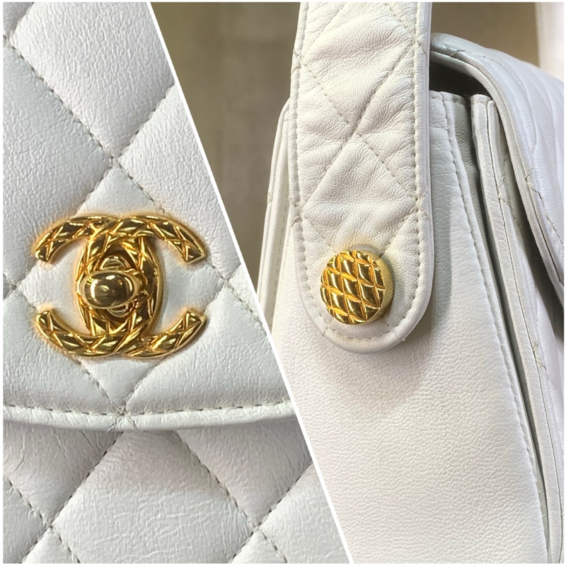 香奈兒24k金CC扣白色單肩/斜孭袋 Chanel Vintage Lambskin Gold Diamond Quilted With 24k Gold-Plate CC Turn Lock Shoulder Bag With Single Strap In White-5