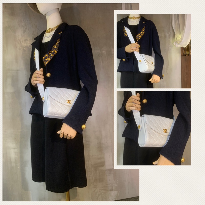香奈兒24k金CC扣白色單肩/斜孭袋 Chanel Vintage Lambskin Gold Diamond Quilted With 24k Gold-Plate CC Turn Lock Shoulder Bag With Single Strap In White-7