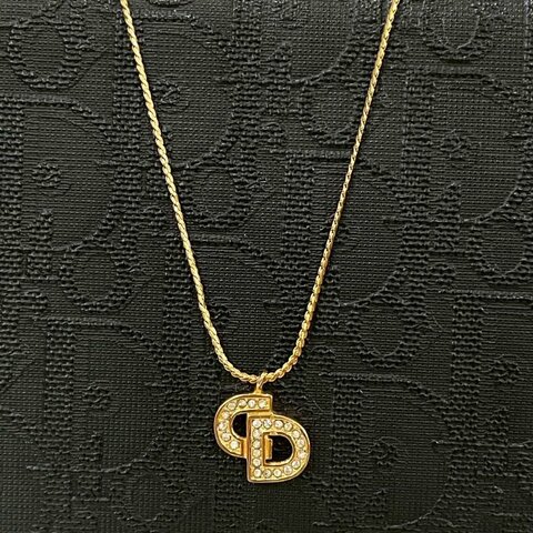 VINTAGE DIOR金色水鑽粗字品牌logo古董項鍊