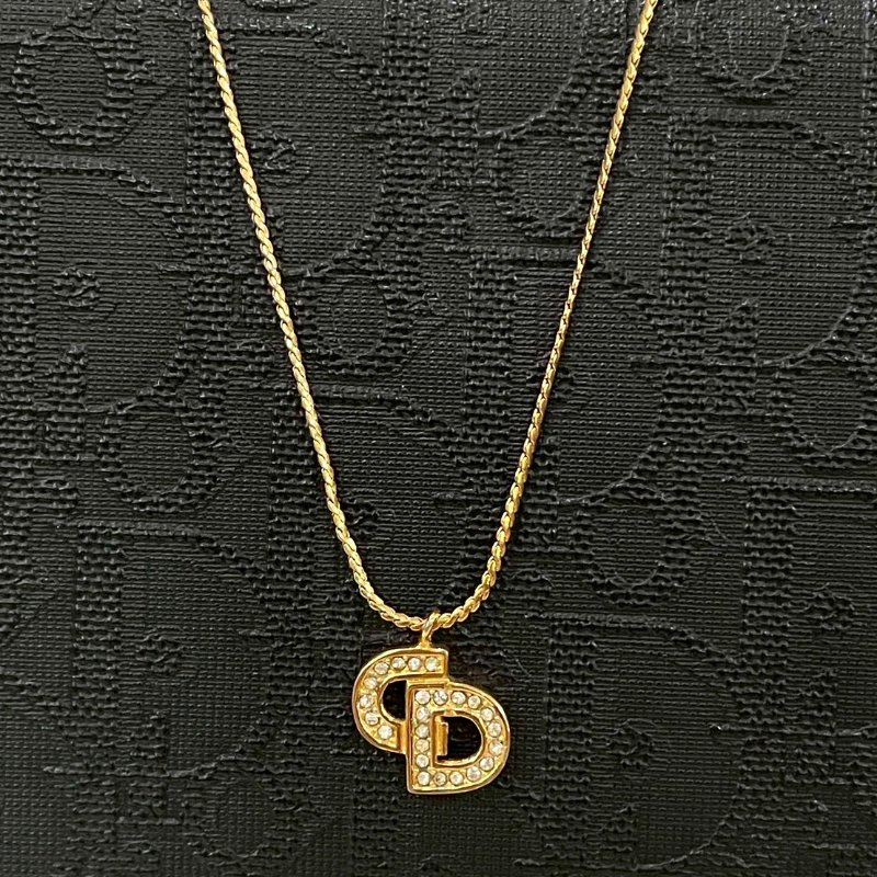 VINTAGE DIOR金色水鑽粗字品牌logo古董項鍊-0