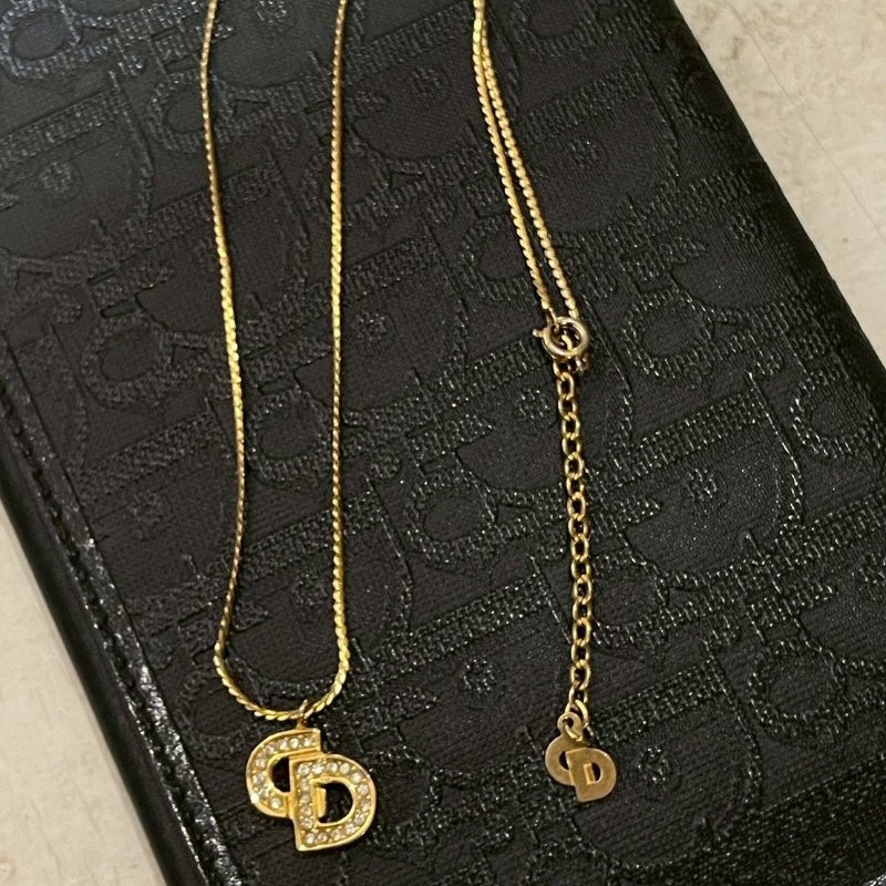 VINTAGE DIOR金色水鑽粗字品牌logo古董項鍊-5