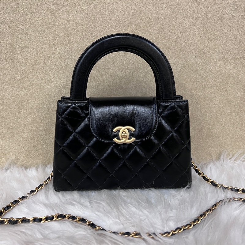 Chanel黑油蠟牛皮金釦Mini手提斜背凱莉包-0