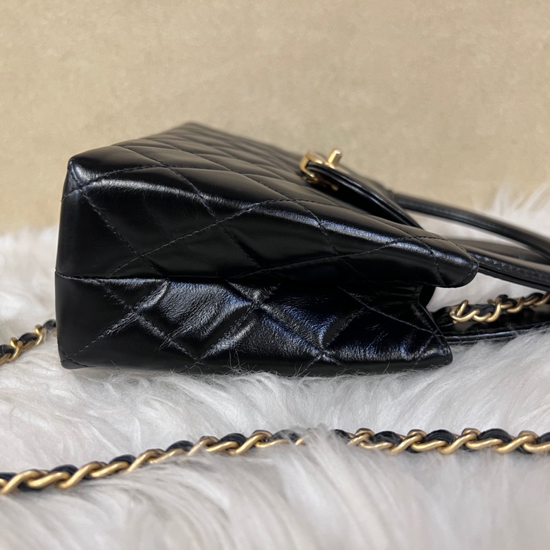 Chanel黑油蠟牛皮金釦Mini手提斜背凱莉包-3