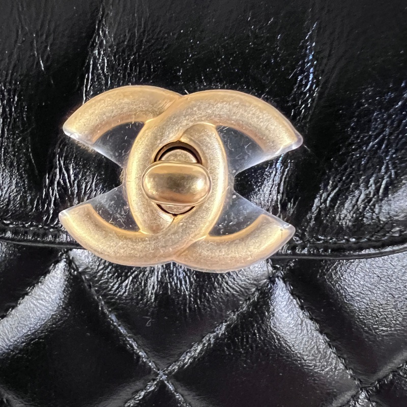 Chanel黑油蠟牛皮金釦Mini手提斜背凱莉包-13
