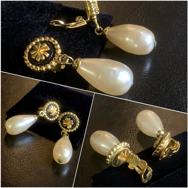 香奈兒四葉草珍珠水滴耳夾 80s Chanel Vintage Classic Gropoix Drop Clip-On Earrings-1
