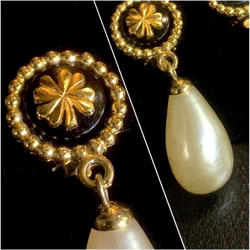 香奈兒四葉草珍珠水滴耳夾 80s Chanel Vintage Classic Gropoix Drop Clip-On Earrings-2