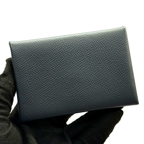 HERMES 愛馬仕 76 Bleu Indigo靛藍色&63 Vert Amanda 杏仁綠 CALVI雙色卡夾 D刻