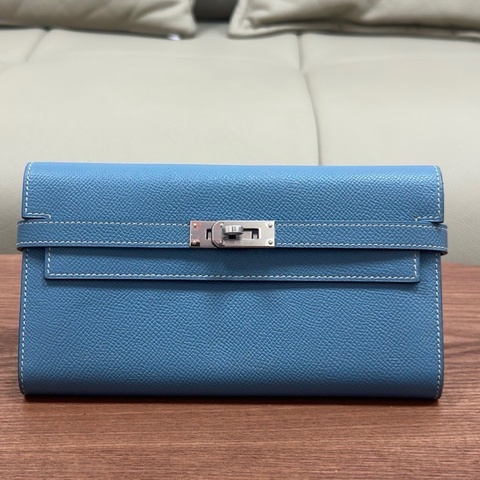 愛馬仕Hermes kelly錢包 kelly long 牛仔藍銀扣 epsom皮 框R刻
