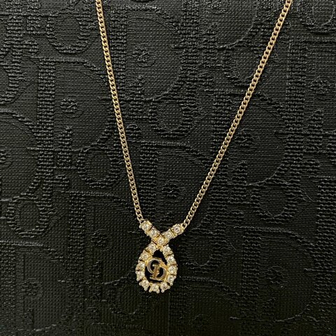 VINTAGE DIOR金色水滴型水鑽CD古董項鍊