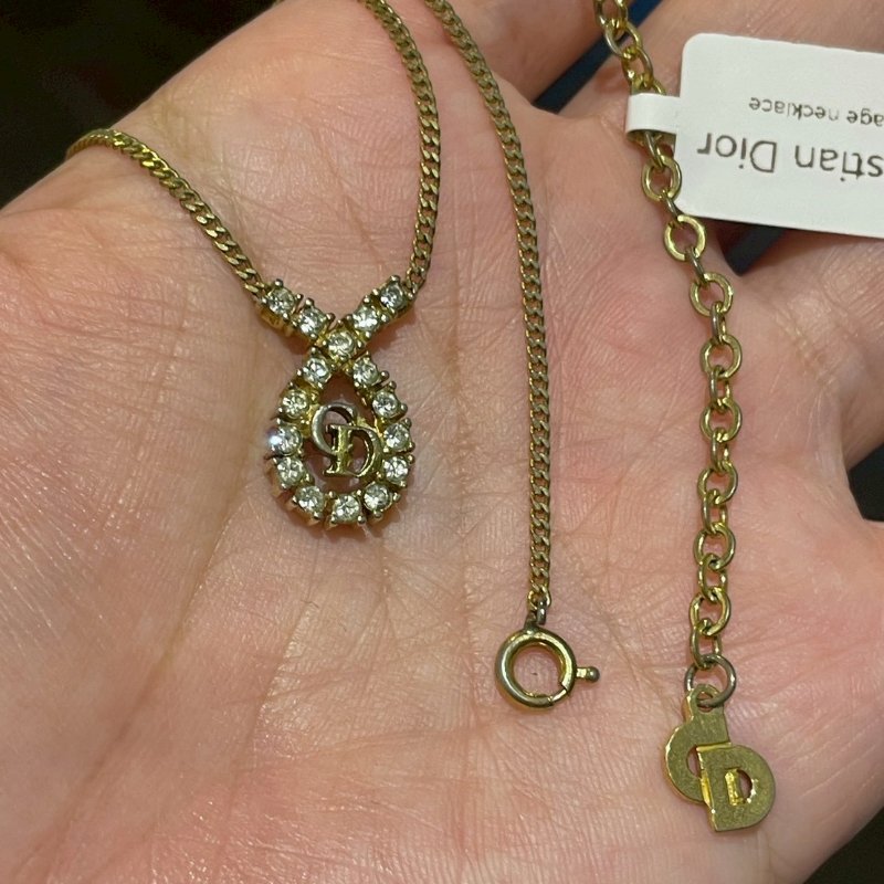 VINTAGE DIOR金色水滴型水鑽CD古董項鍊-9