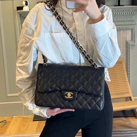 香奈兒CHANEL黑色羊皮金釦JUMBO Classic Flap肩背包A58600 經典CF30🖤