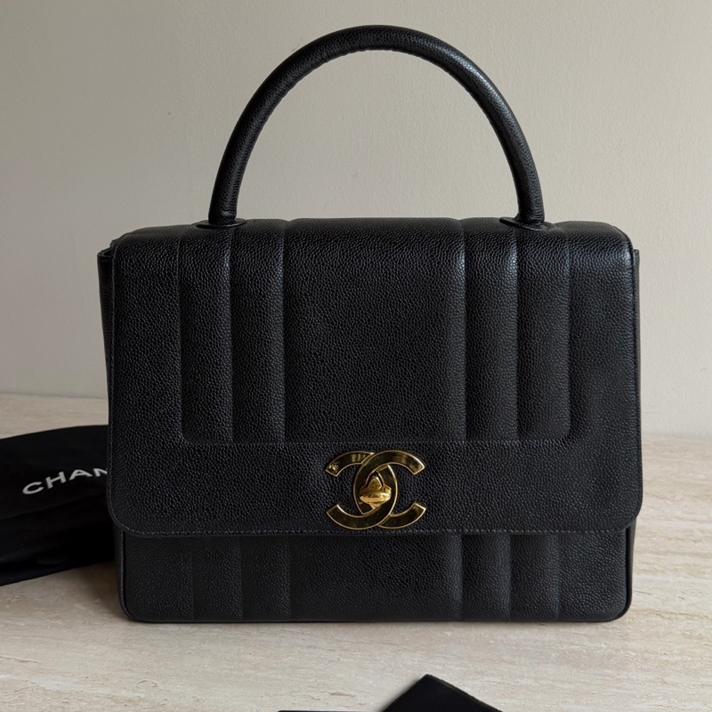 Chanel香奈兒黑金荔枝皮中古kelly手提包+3開 底長33cm-0