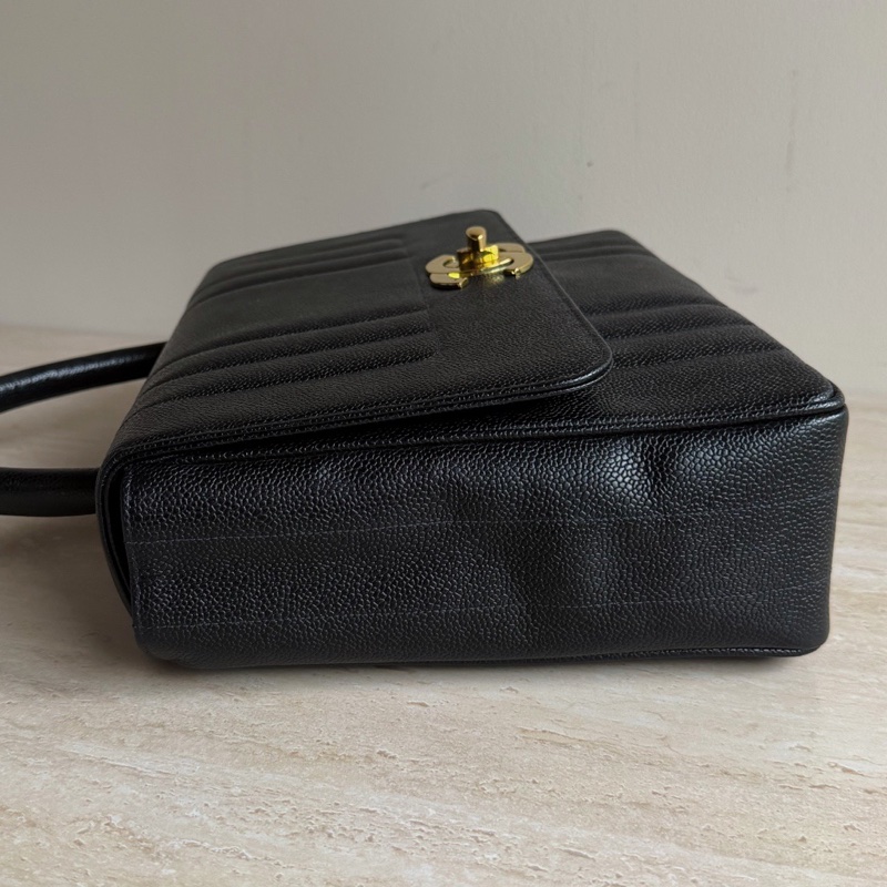 Chanel香奈兒黑金荔枝皮中古kelly手提包+3開 底長33cm-2