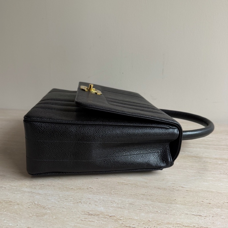 Chanel香奈兒黑金荔枝皮中古kelly手提包+3開 底長33cm-3