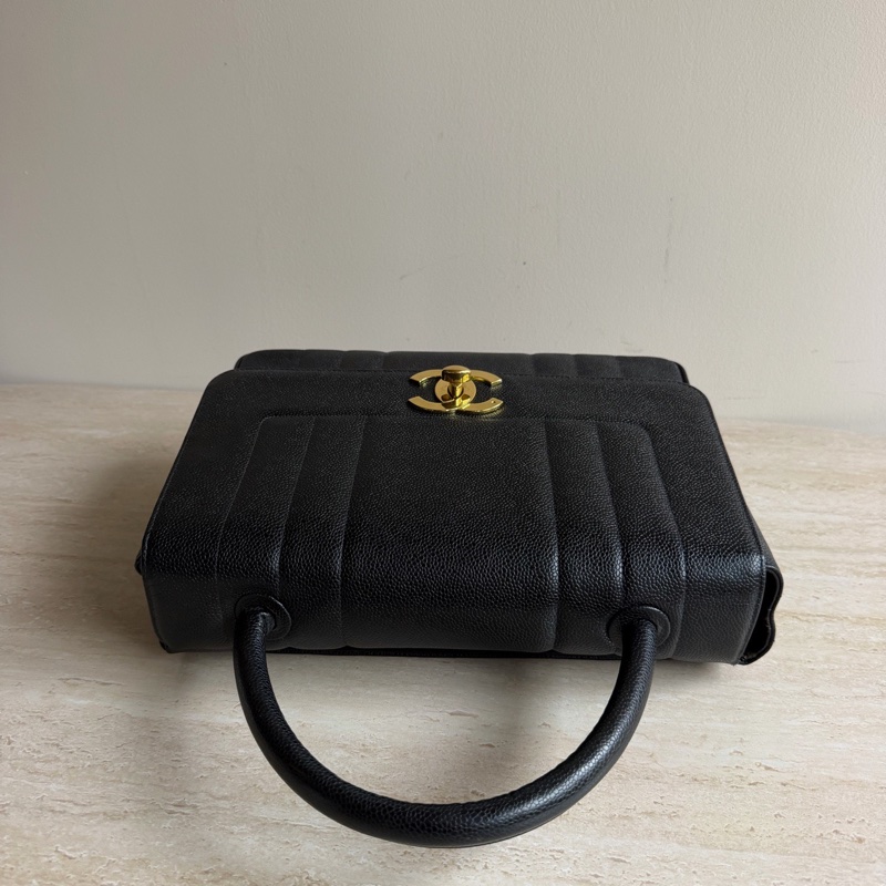 Chanel香奈兒黑金荔枝皮中古kelly手提包+3開 底長33cm-4