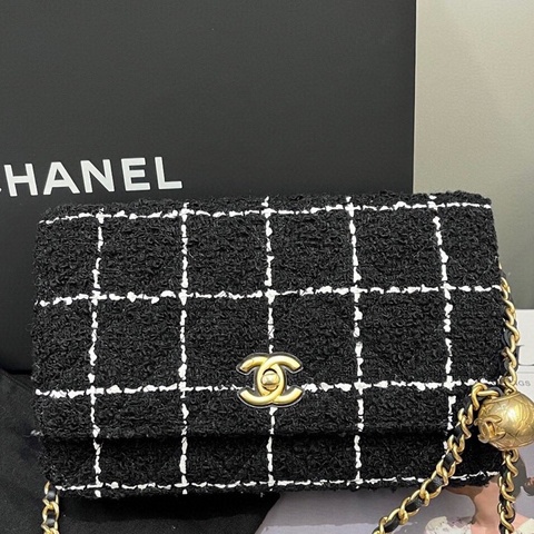 99新 Chanel香奈兒黑白格毛呢金球  芯片款